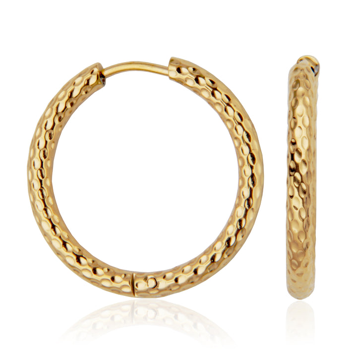 Gold Ion-Plated Stainless Steel Hammered Texture Hoop Earrings