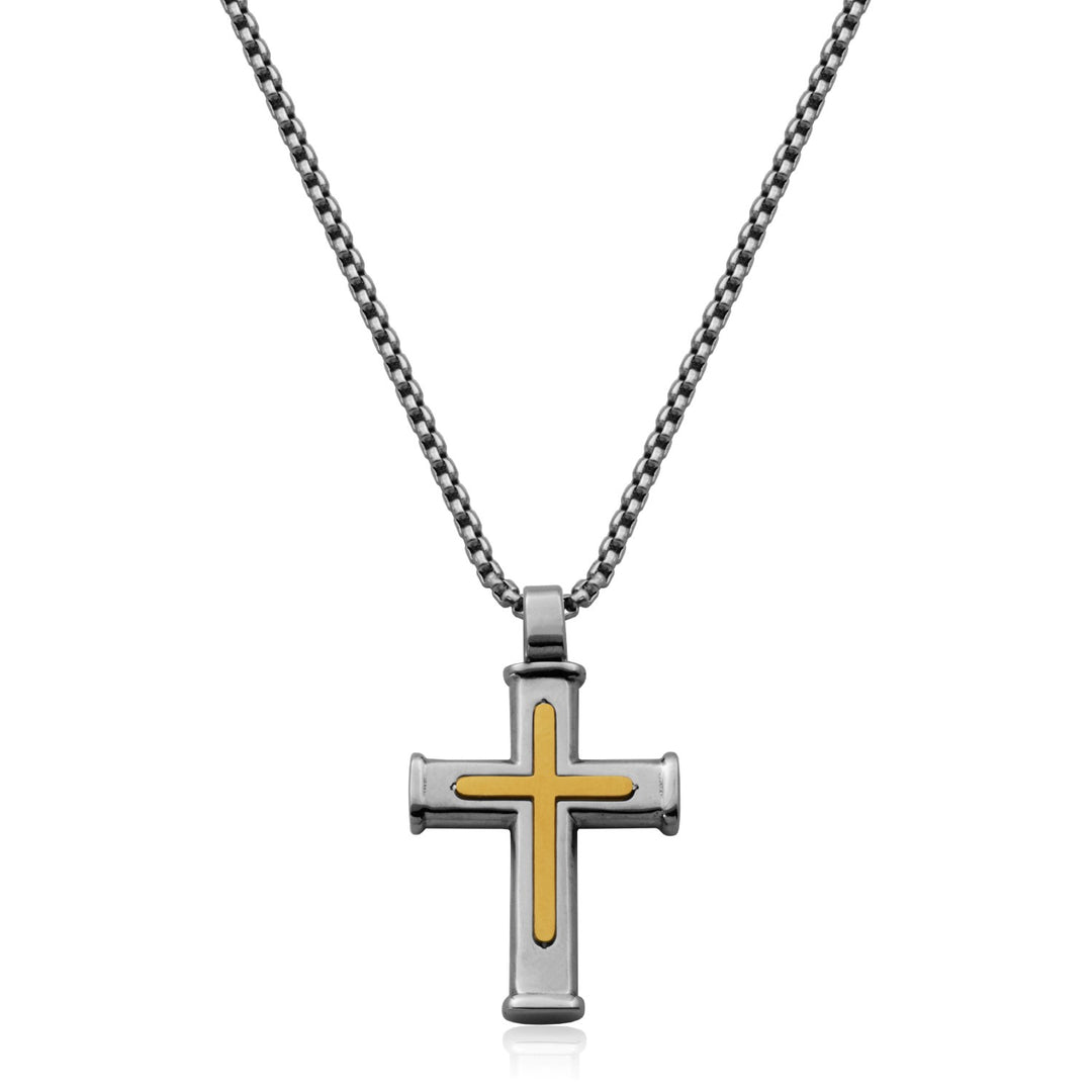 Two-Tone Gold Ion-Plated Stainless Steel Inset Cross Necklace