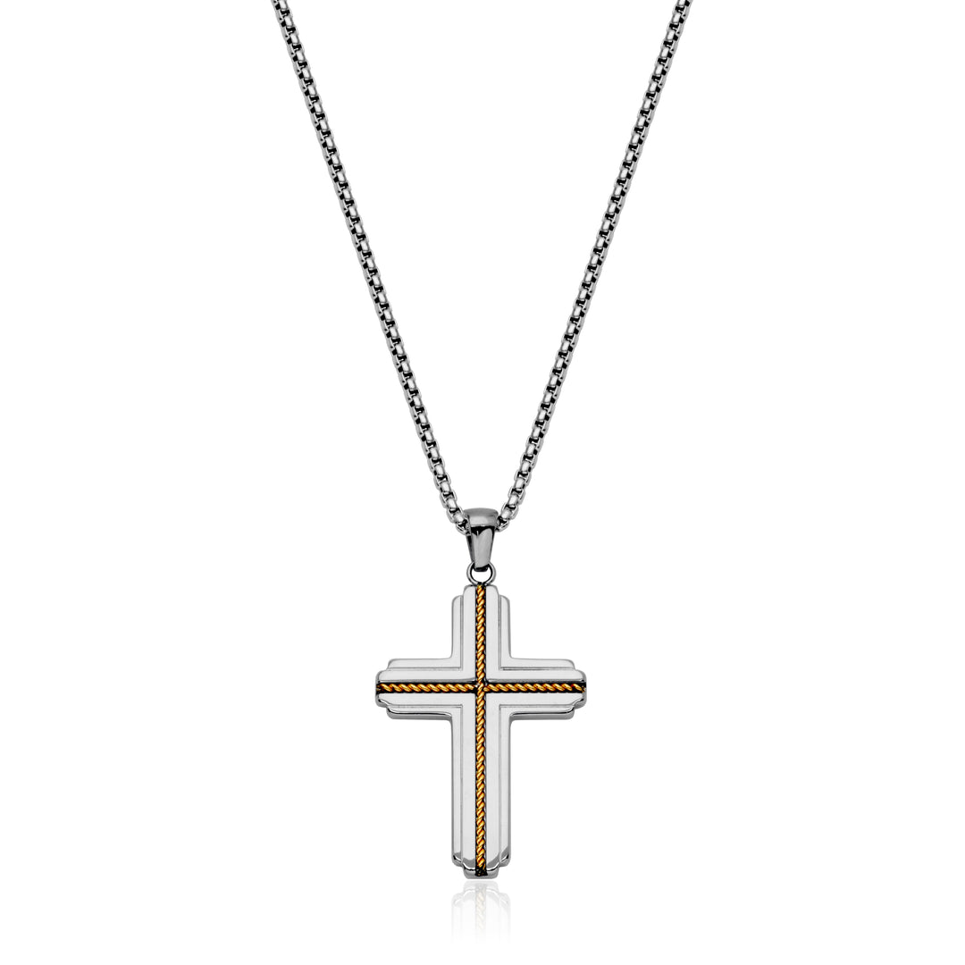 Two-Tone Gold Ion-Plated Stainless Steel Cross Pendant Necklace