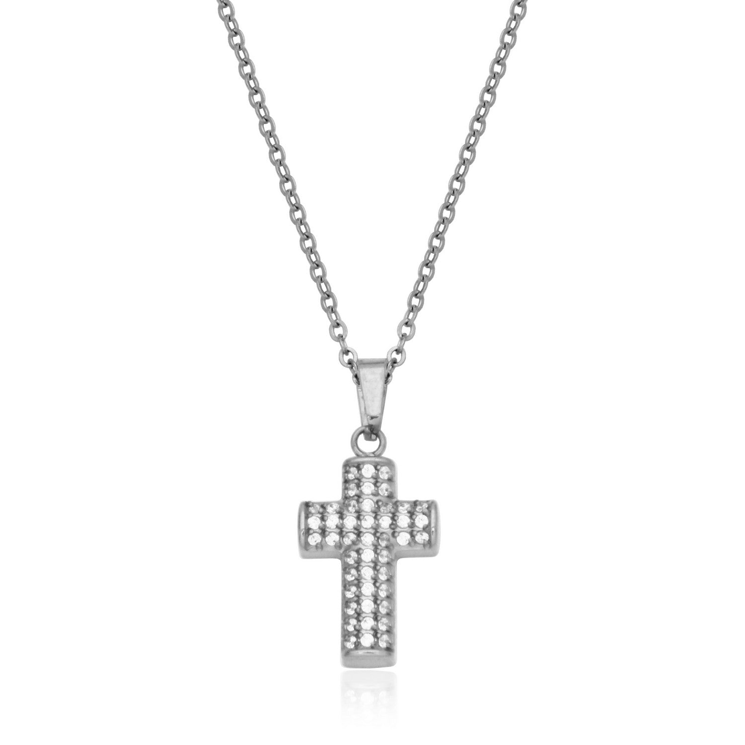 Stainless Steel Pavé Cubic Zirconia Cross Pendant Necklace