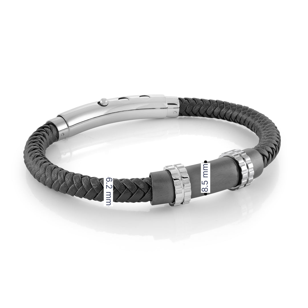 Italgem Stainless steel Gun-IP Black Leather Bracelet.
