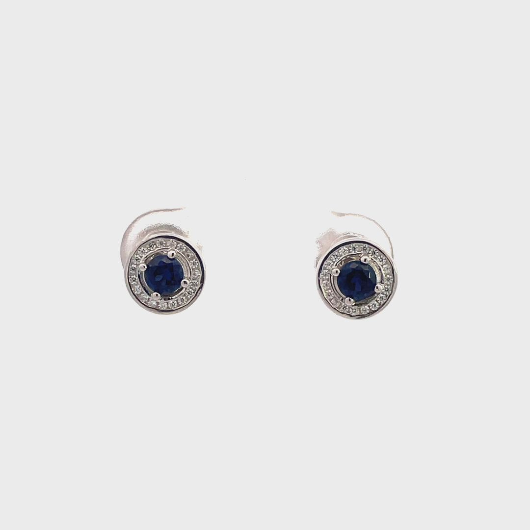 Round White & Blue CZ Halo Stud Earrings