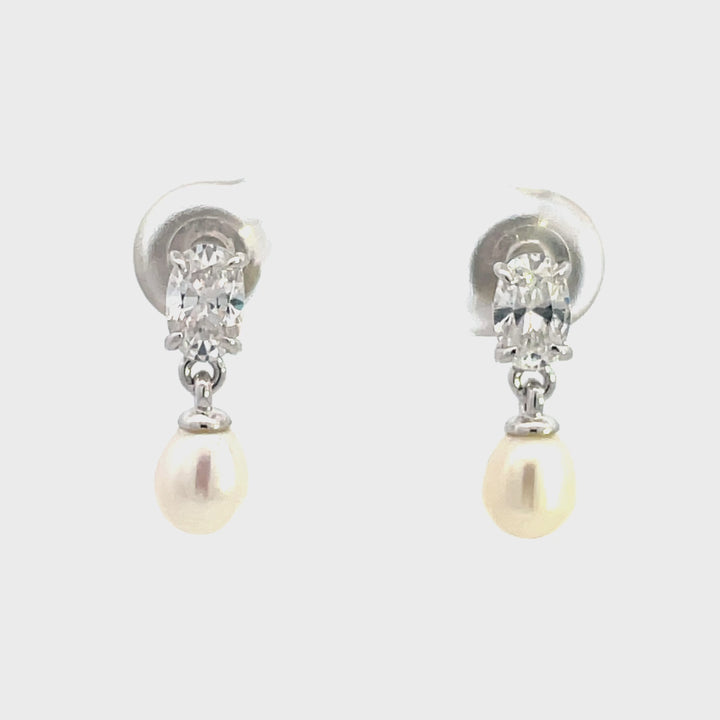 Oval Pearl & CZ Drop Earrings